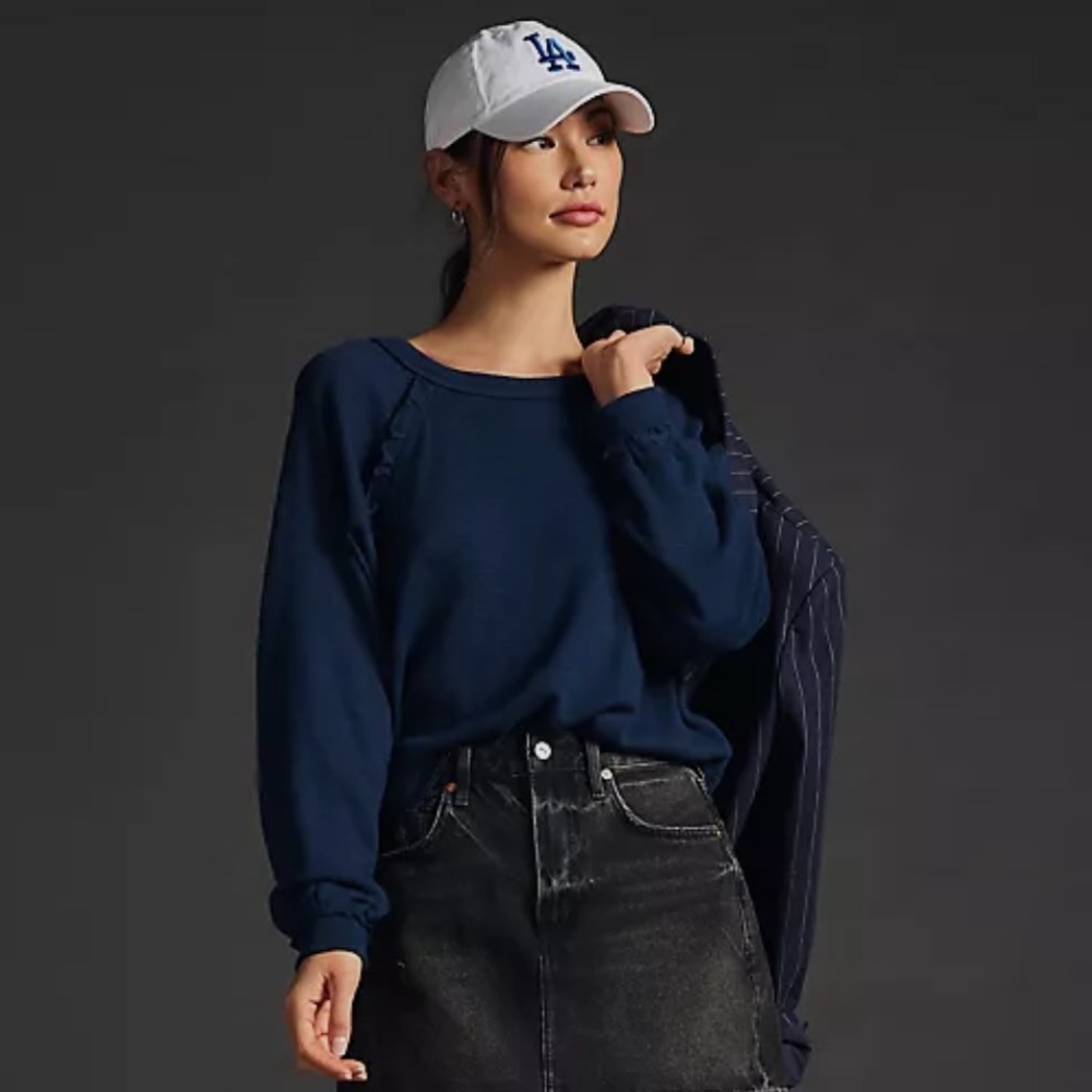 Pilcro Ruffled Raglan Thermal Top Navy size Medium Long Sleeve